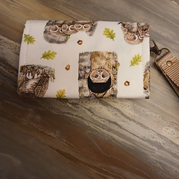 New Clutch Wristlet Wallet Owl family Nature Ivory Brown Snap Trifold Zip Pouch - Picture 2 of 5